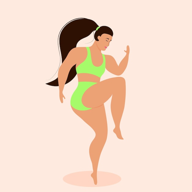 Plus size woman in swimsuit doing exercise Body positive fitness sport concept Vector illustration