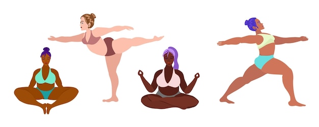 Plus size women of different nationalities practice yoga and sports.