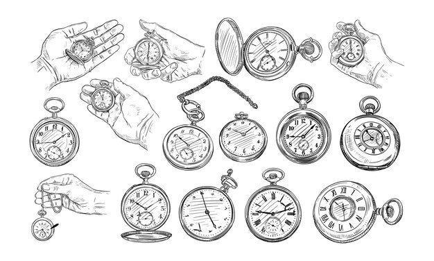 Vector pocket watch handdrawn collection