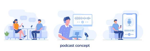 Podcast, audio, broadcasting, live streaming, concept illustration flat vector template and background