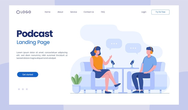 Podcast audio broadcasting live streaming concept illustration flat vector template landing page