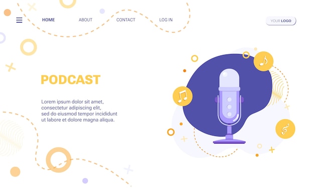 Podcast or audio content web banner or landing page template with illustration of microphone