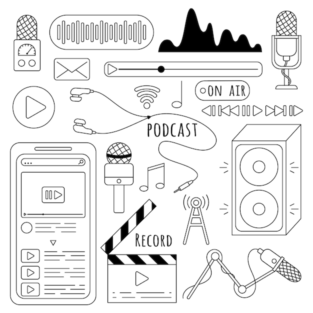 Podcast and audio icon set in a flat style isolated on a white background