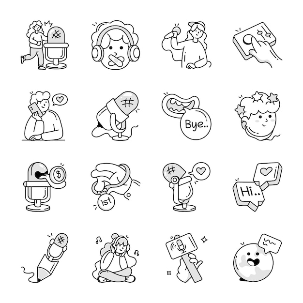 Vector podcast and communication hand drawn style icons