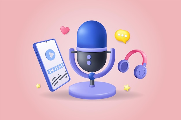 Podcast concept 3D illustration Icon composition with microphone headphones recording audio