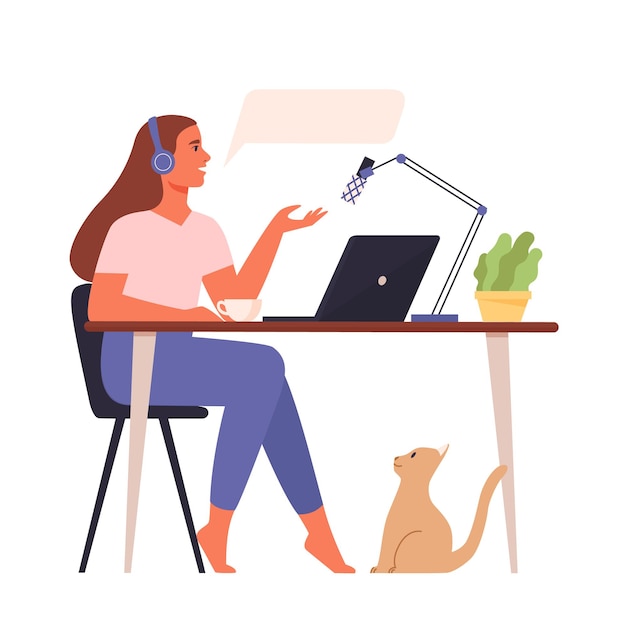 Podcast concept. Smiling woman recording audio podcast at home. Vector flat illustration