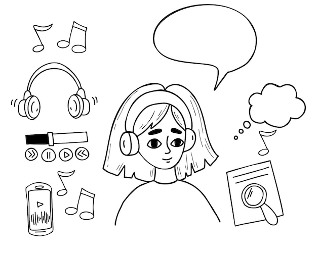 Podcast doodles Cute female blogger in headphones listens to music and bubbles phone earphonenes