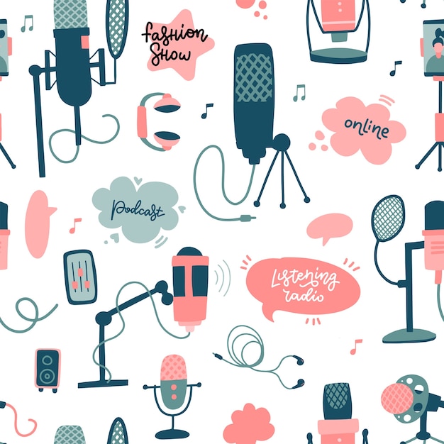 Podcast elements seamless pattern Mic with speech bubble