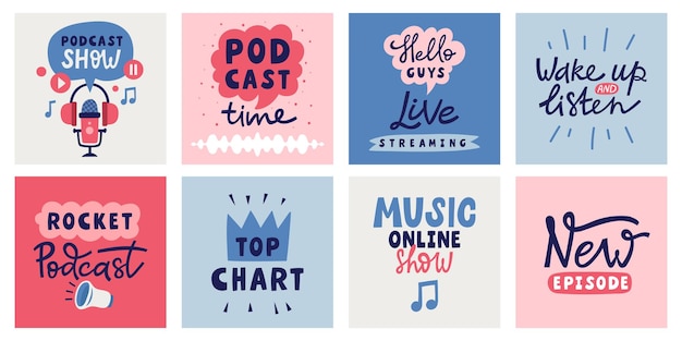 Podcast lettering card collection. Labels and vector graphic elements