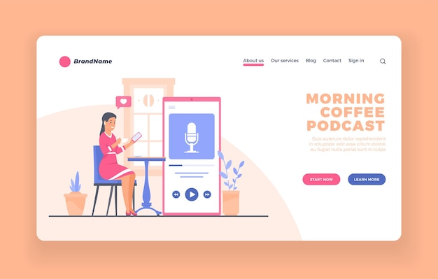 Podcast listener mobile service or app advertising landing page vector template or poster