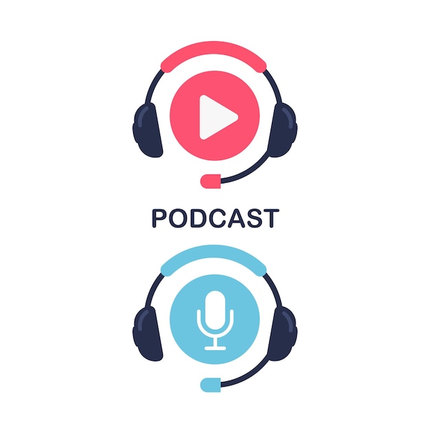 Podcast or radio design. Headphones and mike logo. Play sign with microphone. Bubble chat. Vector.