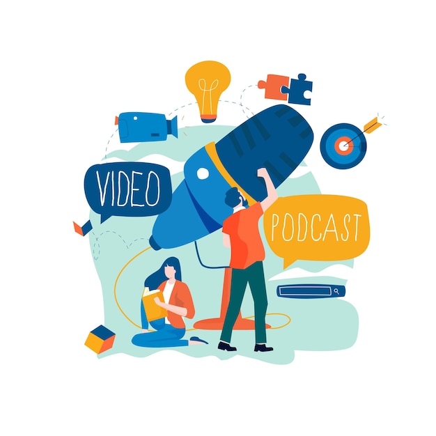 Podcast recording audio podcast online show live streaming broadcast concept flat vector