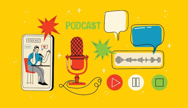 Podcast recording and listening broadcasting online radio audio streaming service concept Hand drawn vector isolated illustrations of headphones microphone laptop equalizer speech bubbles