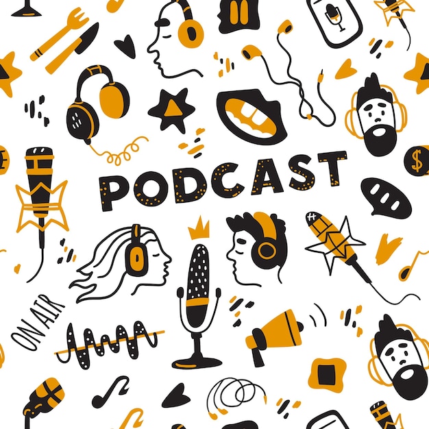 Podcast seamless vector pattern Handdrawn elements