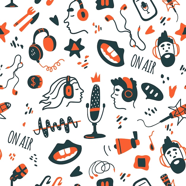 Podcast seamless vector pattern Handdrawn elements