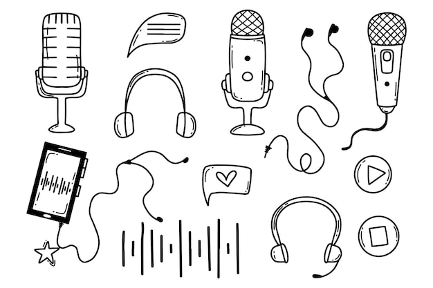 Podcast set Vector illustration Doodle style Collection for broadcasting Microphones and headphones