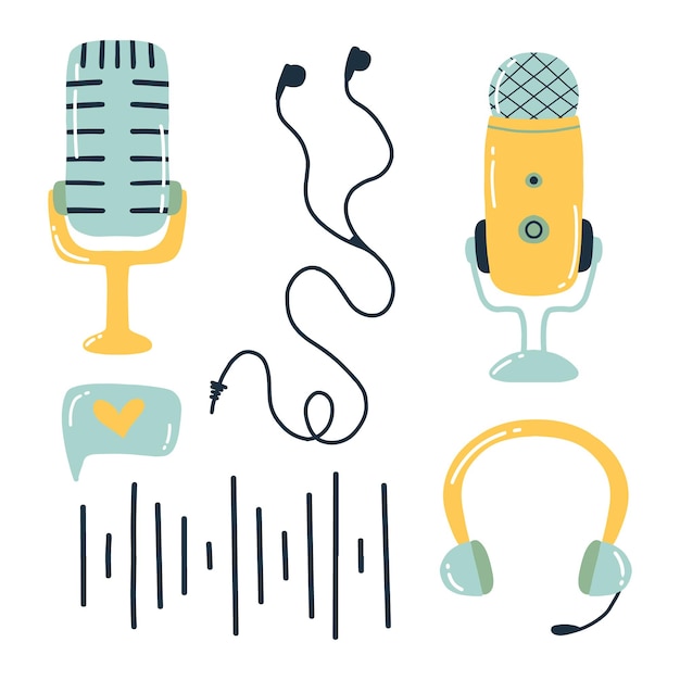 Podcast set Vector illustration Doodle style Collection for broadcasting Microphones and headphones