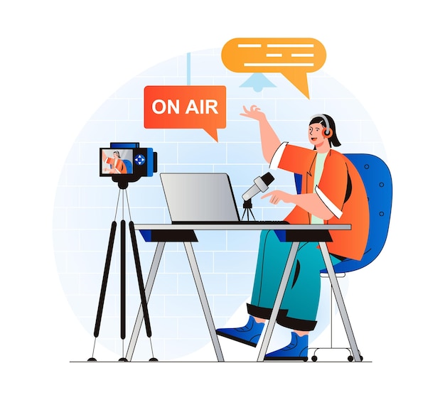 Podcast streaming concept in modern flat design Woman with headphones talking in microphone