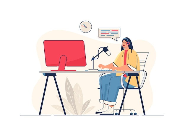 Podcast streaming concept for web banner Woman with headphones speaks into microphone