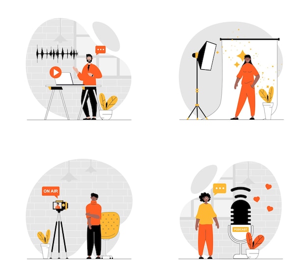 Podcast streaming concept with character set Collection of scenes people recording audio talking and making podcasts show with mics in studio broadcast live Vector illustrations in flat web design