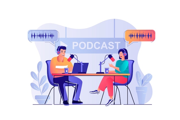 Podcast streaming concept with people scene Woman and man speaking into microphone and broadcasting live at studio Host talking with guest Vector illustration with characters in flat design for web