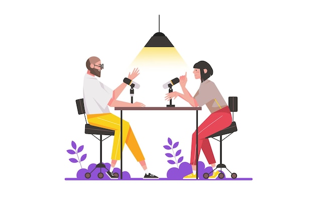 Vector podcast studio concept in flat design. man and woman are broadcasting live or recording podcast. host communicates with guest online. vector illustration with isolated people scene for web banner