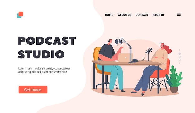 Vector podcast studio landing page template male and female characters in headphones sitting with microphones and laptop speaking record interview radio show broadcast cartoon people vector illustration