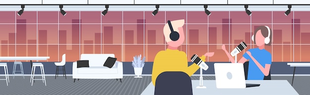 podcasters talking to microphones recording podcast in studio podcasting online radio concept man in headphones interviewing woman broadcasting portrait horizontal