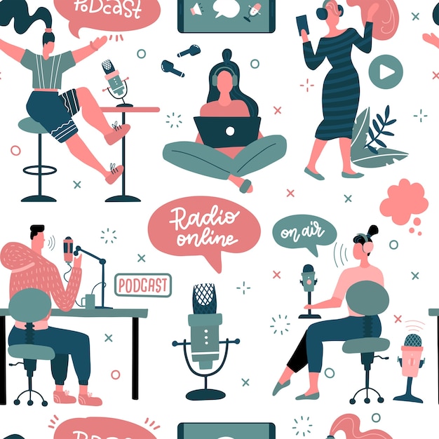 Podcasts concept with people characters flat seamless pattern with clip art for blogging and vlogging Man and woman Live streaming