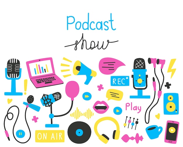 Podcasts set bright vector illustration in a flat style