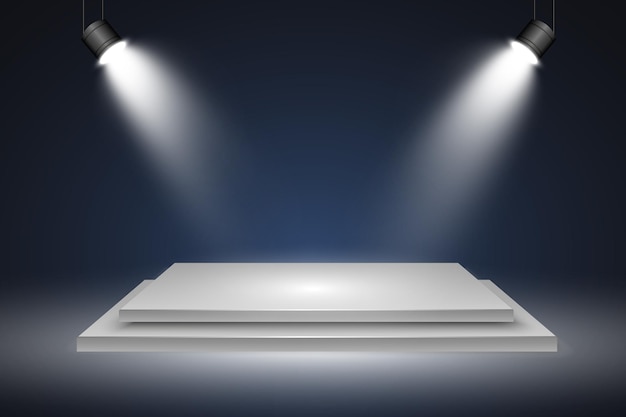 Podium, pedestal or platform, illuminated by spotlights in the background. Vector illustration.