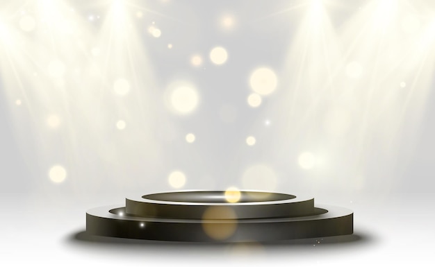 Podium pedestal or platform illuminated by spotlights in the background Vector illustration