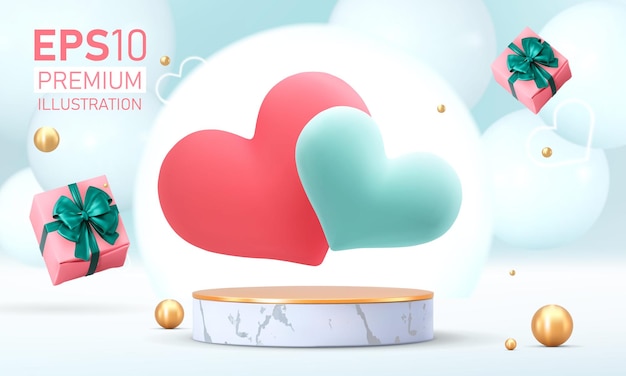 Podium for product placement in Valentines day with decorations, Premium Vector.