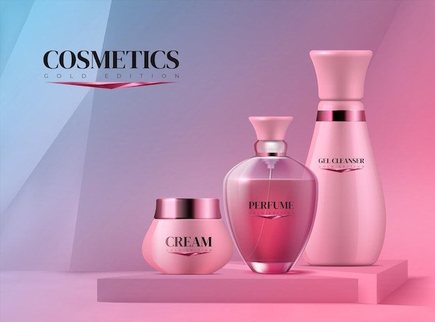 Podium with cosmetics Realistic 3D pedestal and beauty product for branding Collection of bottles with perfume and moisturizing cream or cleanser gel on platform vector advertising