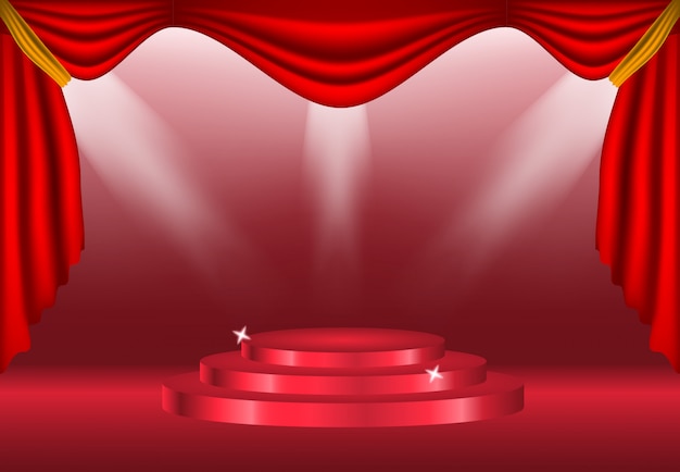 Podium with curtain on bright background decoration