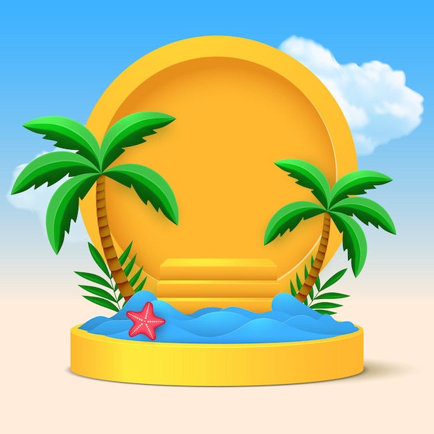 Podium with sea, palm trees, realistic clouds, starfish and steps.