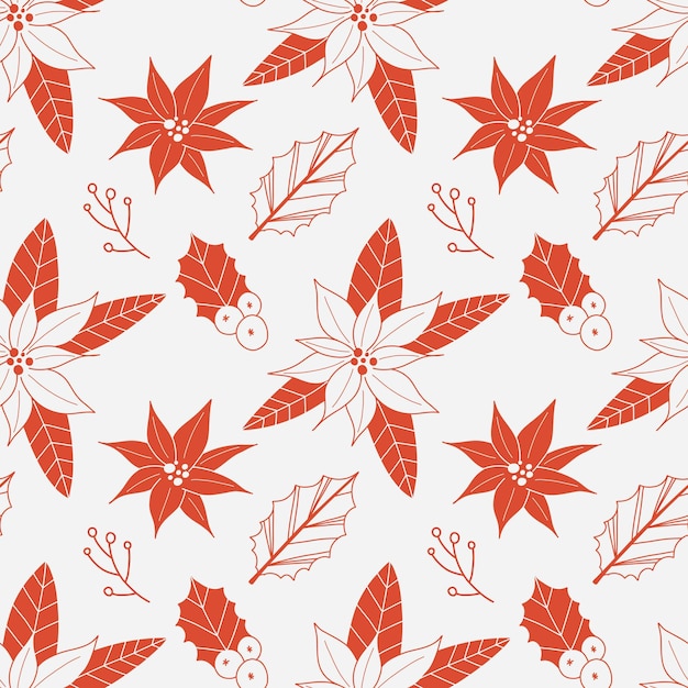 Poinsettia flower seamless pattern Winter botany Hand drawn line coniferous leaves and berries xmas decor wrapping paper Decorative elegant red elements botanical vector christmas background