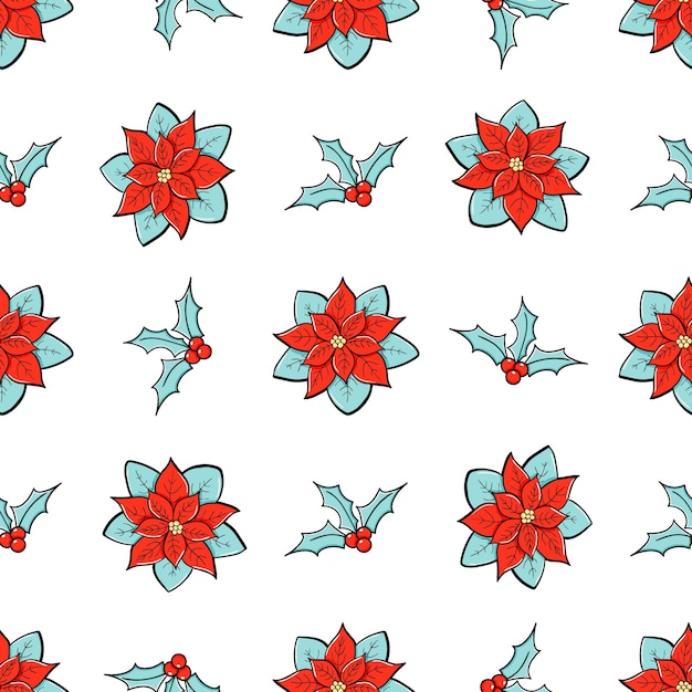 Poinsettia and holly branches vector seamless pattern Winter flowers doodle sketch in a minimalist