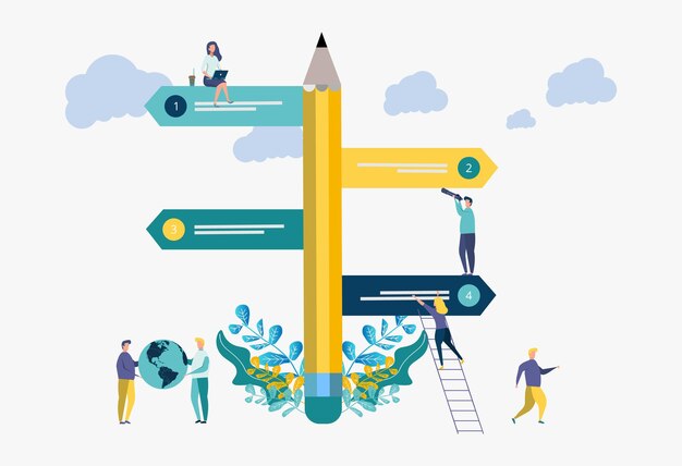 Vector pointer direction of movement in pencil in different directions of movement destinations the choice of directions a trip to different placesdirection of movement in businesscolorful illustration