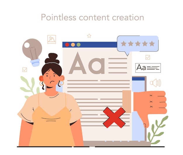 Vector pointless content creation. content manager guidance. content creation mistake. digital promotion strategy and content production. flat vector illustration