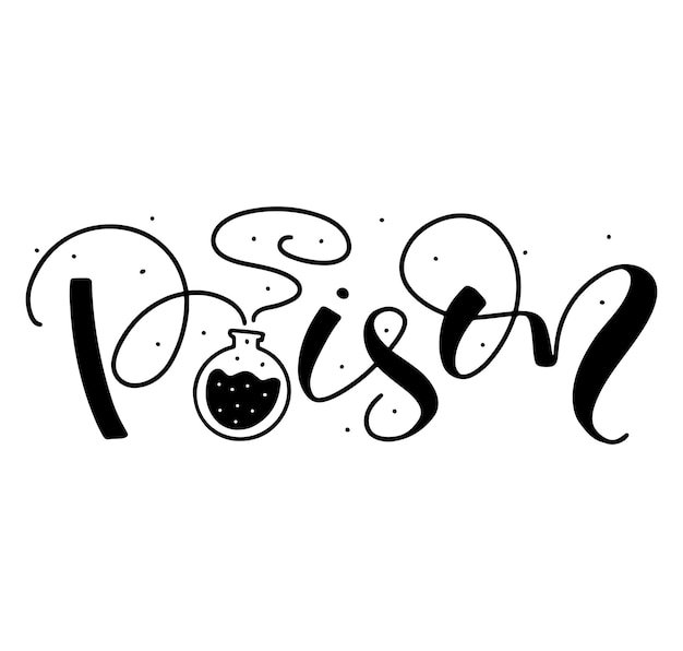 Poison black lettering with doodle flacon isolated on white background