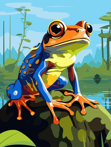 Poison dart frog on a branch in the rainforest Tropical rainforest reptiles animals Vector illustration