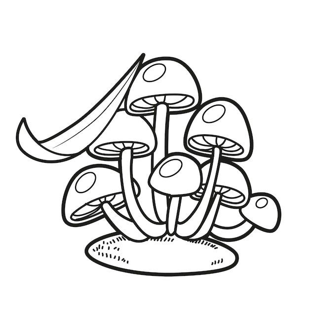 Poisonous toadstool mushrooms with stalk of grass linear drawing for coloring isolated on white background