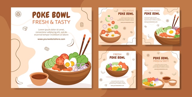 Poke Bowl Food Social Media Ig Post Template Hand Drawn Cartoon Flat Illustration