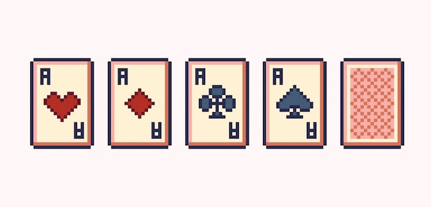 Poker cards pixel art set. Ace clubs, diamonds, hearts, crosses collection. 8 bit sprite.