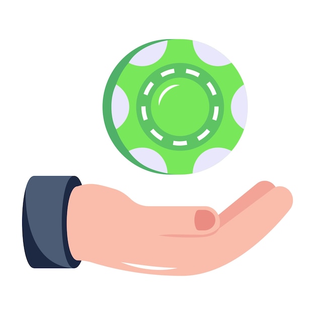 Poker chip in a hand, flat icon of gambler