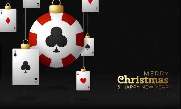 Poker Christmas card. Merry Christmas sport greeting card. Hang on a thread poker chip as a xmas ball and golden bauble on black background. Sport Vector illustration.