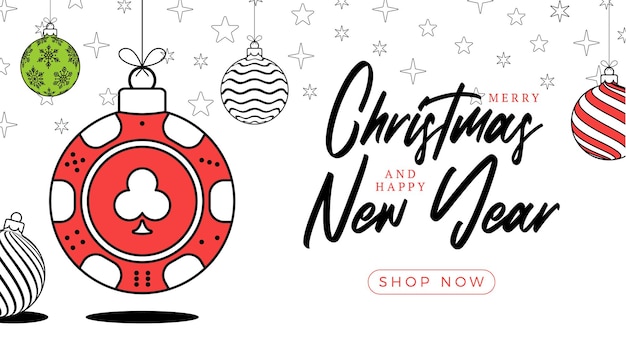 Poker christmas greeting card in trendy line style Merry Christmas and Happy New Year outline cartoon Sports banner casino chip as a xmas ball on white background Vector illustration