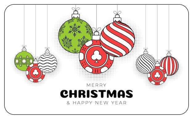 Poker christmas greeting card in trendy line style Merry Christmas and Happy New Year outline cartoon Sports banner casino chip as a xmas ball on white background Vector illustration