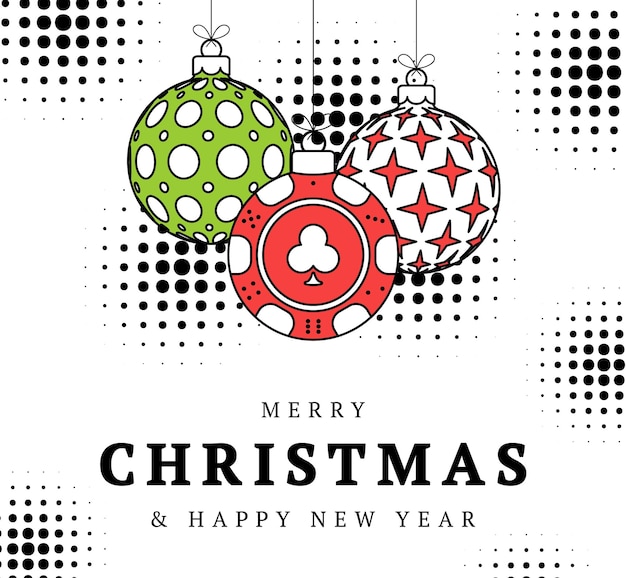 Poker christmas greeting card in trendy line style Merry Christmas and Happy New Year outline cartoon Sports banner casino chip as a xmas ball on white background Vector illustration